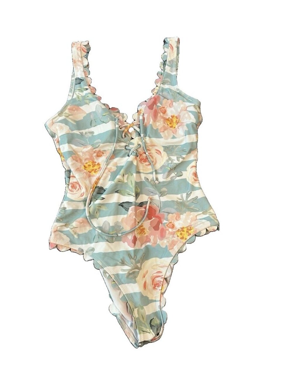 Cupshe Floral Lace-Up Womens Swimsuit M Scallop Trim One Piece Blue Stripe Beach
